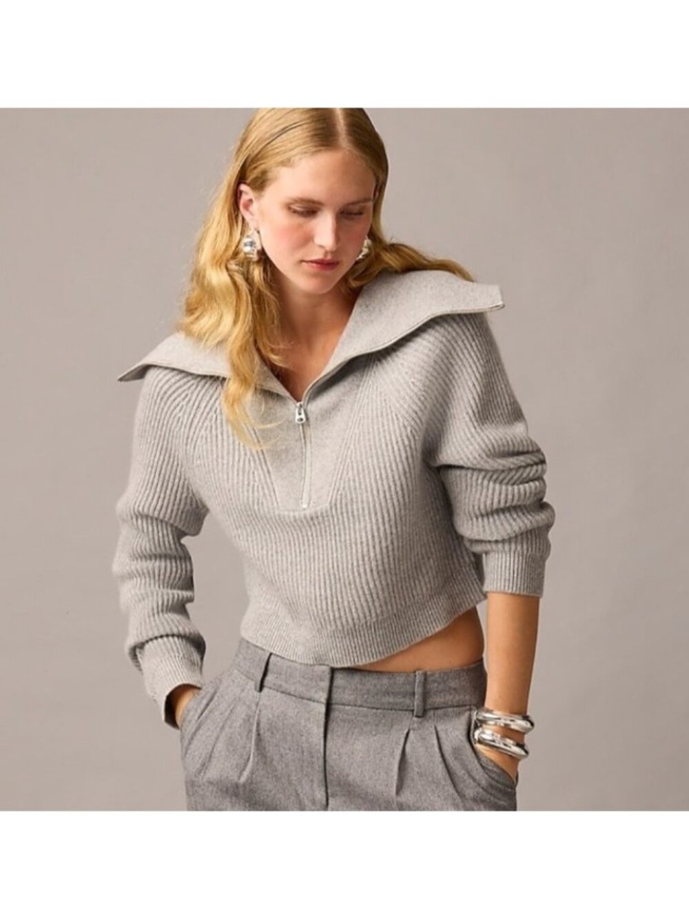 J.Crew Women's 100% Cashmere Cropped Half Zip Sweater Gray XS
